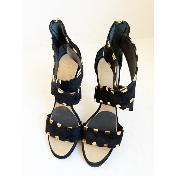Giuseppe Zanotti Black Suede Cross Ankle Strap Sandals Gold 38.5 - Picture 2 of 6